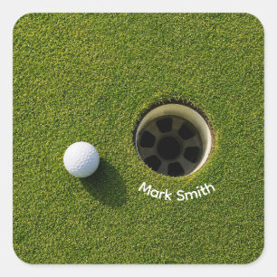 Golf Ball Next to Hole on Green Grass Golf Course  Square Sticker
