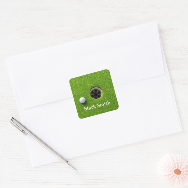 Golf Ball Next to Hole on Green Grass Golf Course  Square Sticker (Envelope)