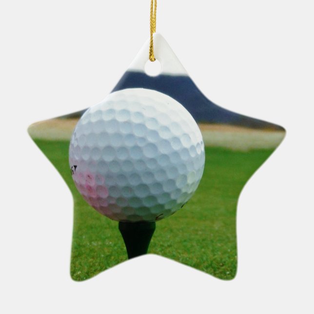 Golf Ball on a mountain golf course Ceramic Tree Decoration (Front)