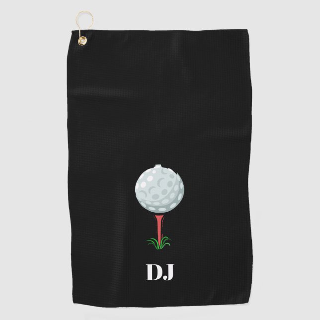 Golf Ball on a Tee Black Initials Towel (Front)