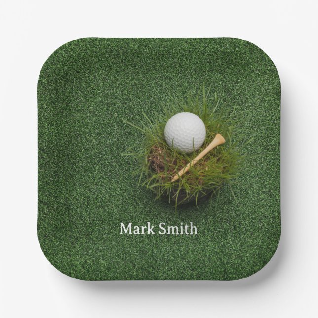 Golf ball on green grass for golfer paper plate (Front)