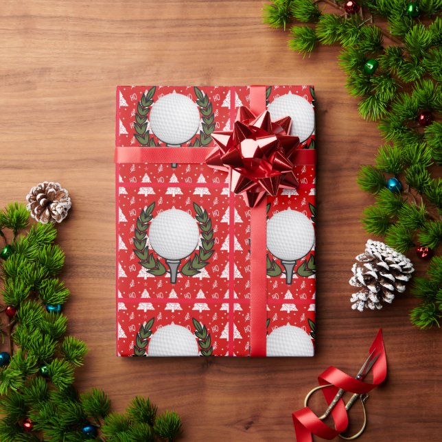Golf ball on red Christmas Tree Wrapping Paper (Holiday Gift)
