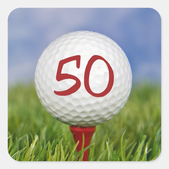 golf ball on red tee 50th birthday square sticker (Front)