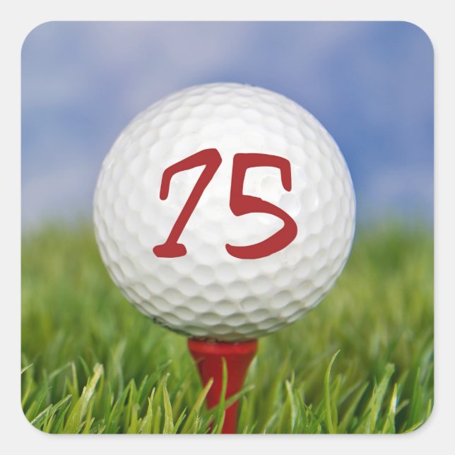 golf ball on red tee 75th birthday square sticker (Front)