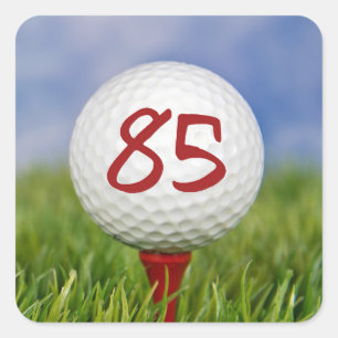 golf ball on red tee 85th birthday square sticker