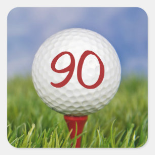 golf ball on red tee 90th birthday square sticker