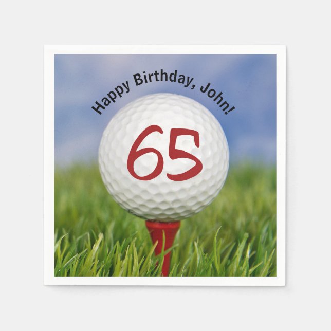 Golf ball on tee for 65th birthday napkin (Front)
