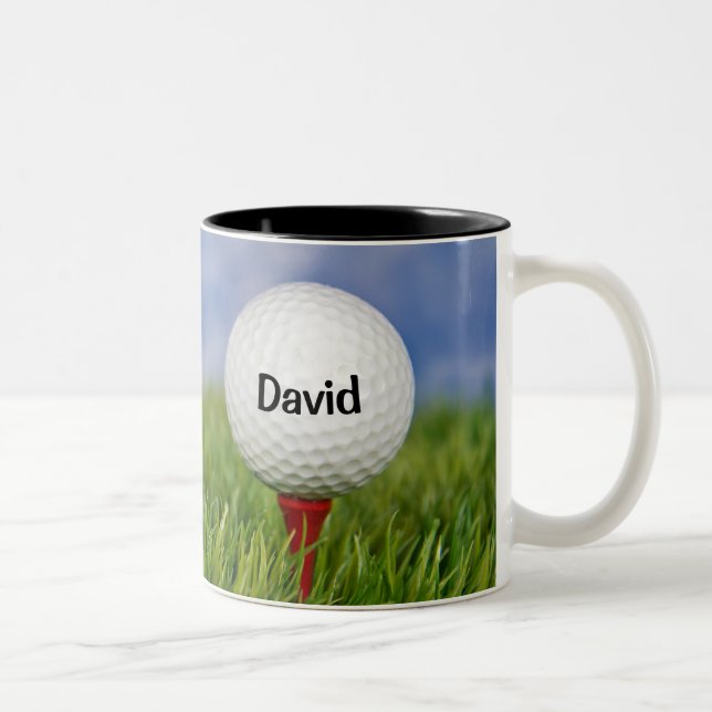 Golf Ball On Tee with Quote and Name Two-Tone Coffee Mug (Right)
