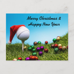 Golf ball on tee with Santa hat for Christmas Postcard