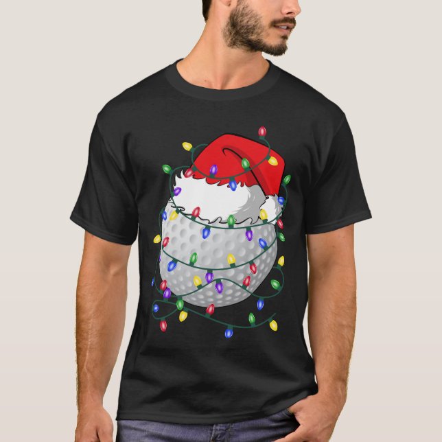 Golf Ball Santa Hat Christmas Golfing Xmas Lights T-Shirt (Front)