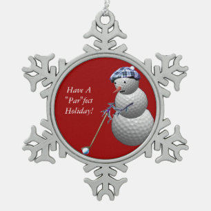 Golf Ball Snowman Snowflake Pewter Christmas Ornament