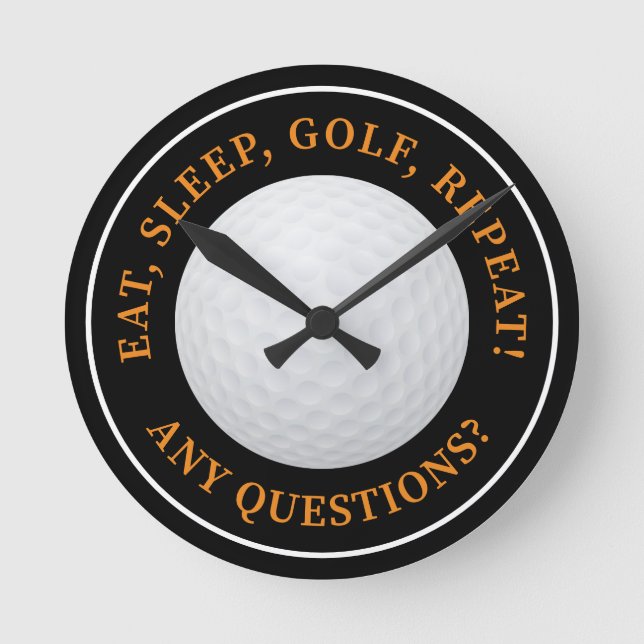Golf Ball Sports Golfer Quote Modern Black Orange Round Clock (Front)