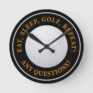 Golf Ball Sports Golfing Quote Modern Black Orange Round Clock