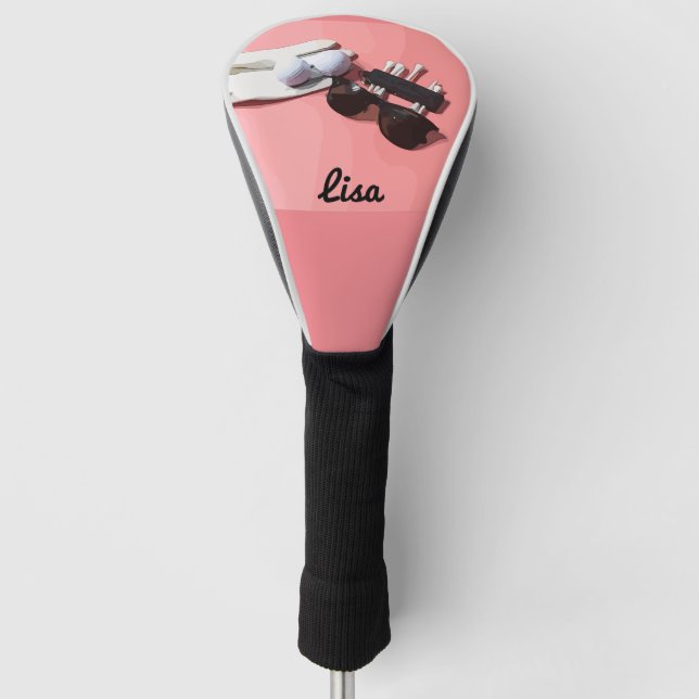 Golf ball  tee and sunglasses on pink pastel head cover (Front)