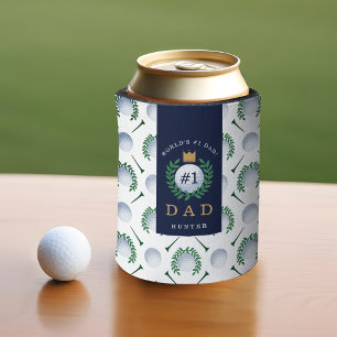 Golf Ball, Tee, Laurel Wreath Pattern & Monogram Can Cooler