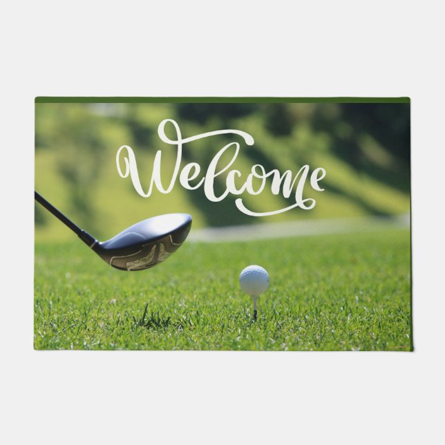 Golf ball  tee off on green welcome golfer doormat (Front)