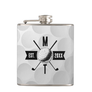 Golf Ball Texture & Club Initial Monogram  Hip Flask