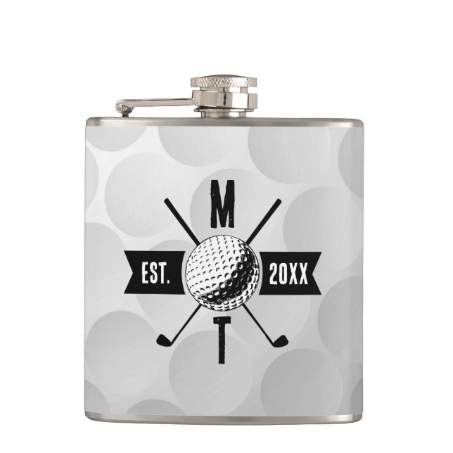 Golf Ball Texture & Club Initial Monogram  Hip Flask (Front)