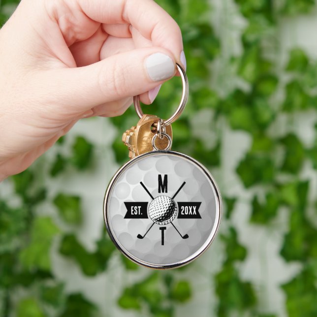 Golf Ball Texture & Club Initial Monogram Key Ring (Hand)