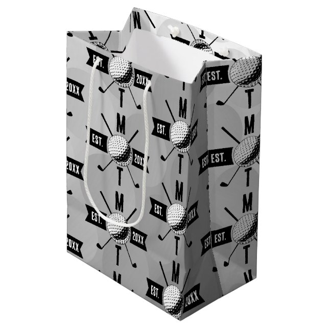 Golf Ball Texture & Club Initial Monogram  Medium Gift Bag (Front Angled)