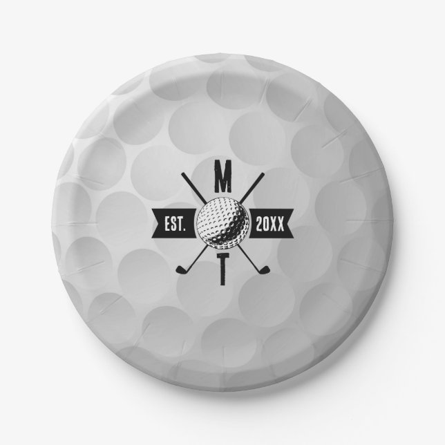 Golf Ball Texture & Club Initial Monogram  Paper Plate (Front)