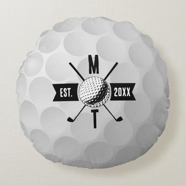 Golf Ball Texture & Club Initial Monogram Round Cushion (Front)