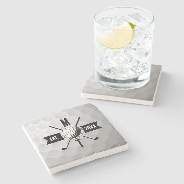 Golf Ball Texture & Club Initial Monogram  Stone Coaster (Side)