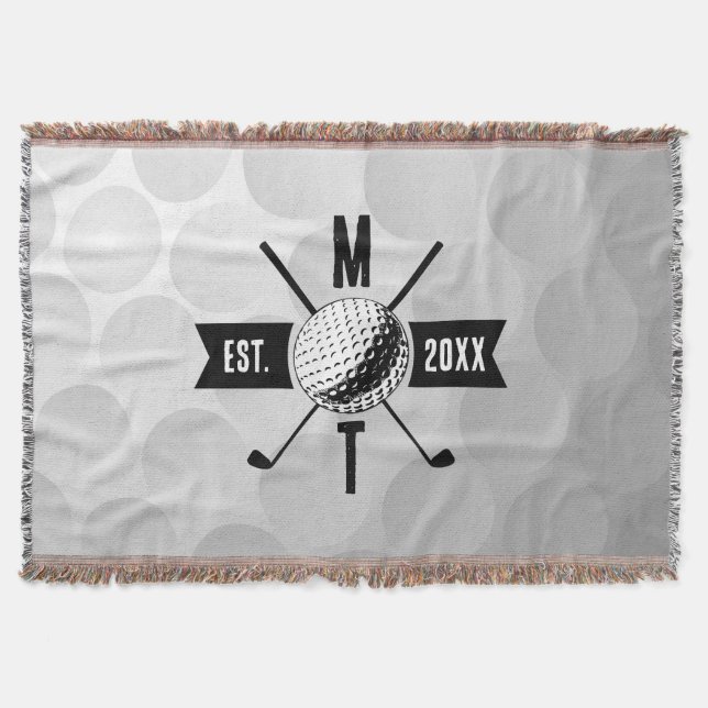 Golf Ball Texture & Club Initial Monogram  Throw Blanket (Front)