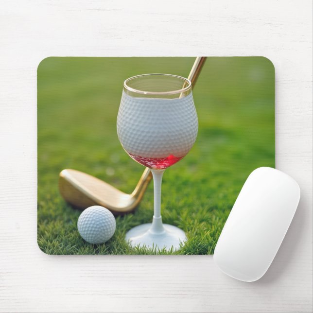 Golf Ball Wine Glass and Club Mouse Mat (With Mouse)