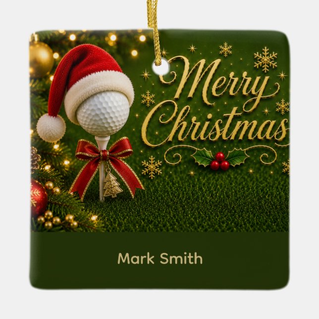 Golf Ball with Christmas Theme  Ceramic Ornament (Front)
