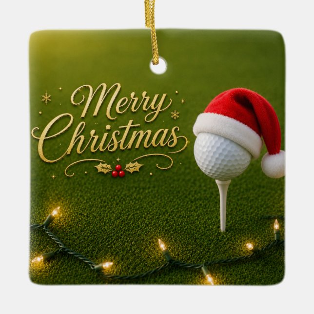 Golf Ball with Christmas Theme  Ceramic Ornament (Front)