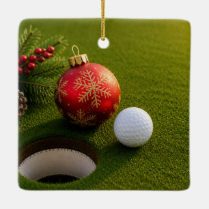 Golf Ball with Christmas Theme Ceramic Ornament