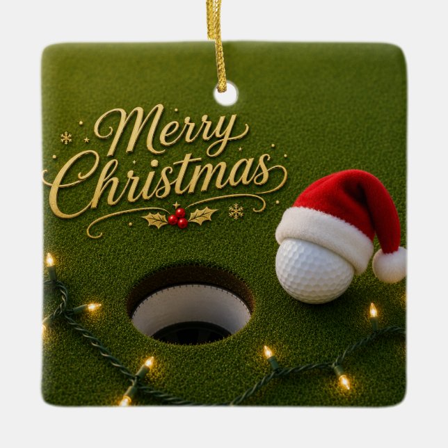 Golf Ball with Christmas Theme  Ceramic Ornament (Front)