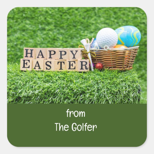 Golf ball with Easter eggs on green grass Square Sticker (Front)