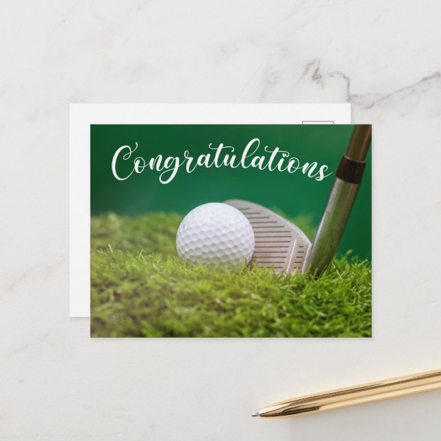 Golf ball with golf club Congratulations to golfer Announcement Postcard (Front/Back In Situ)