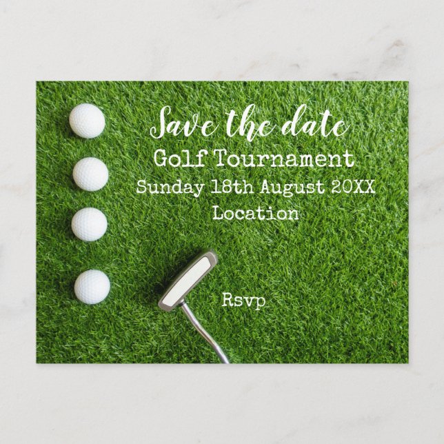 Golf ball with golf club on green save the date an announcement postcard (Front)