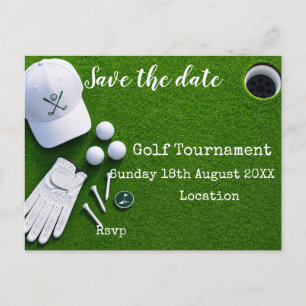 Golf ball with golf club on green save the date announcement postcard