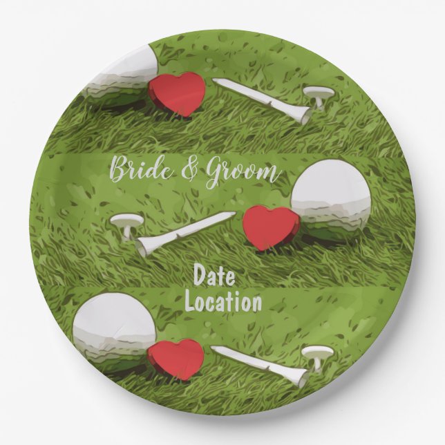 Golf ball with love on green Paper Plate (Front)