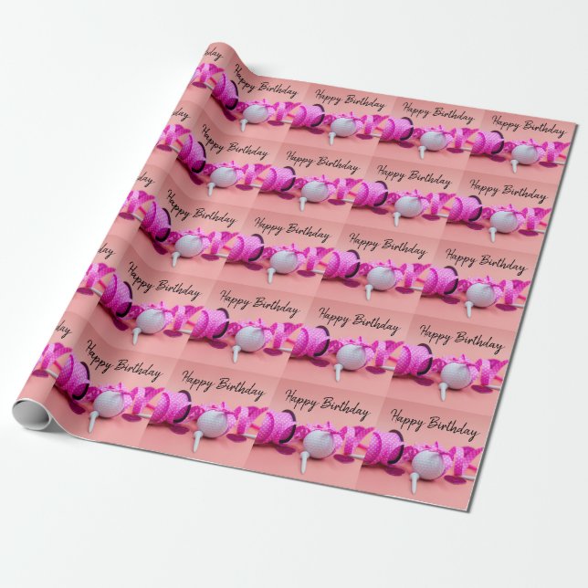 Golf ball with pink polka dot ribbon on pink wrapping paper (Unrolled)