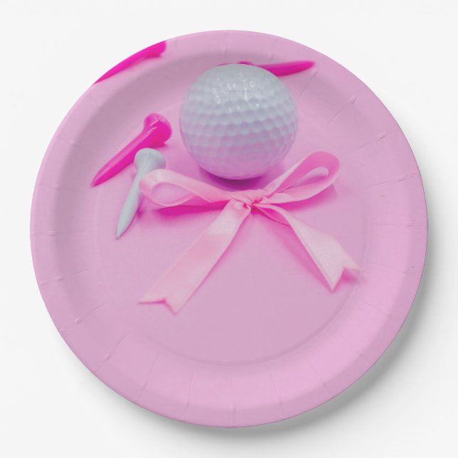 Golf ball with pink ribbon baby shower girl  paper plate (Front)