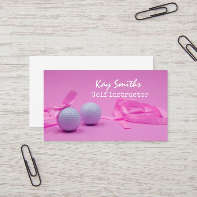 Golf ball with pink ribbon on pink woman golfer business card (Front/Back In Situ)