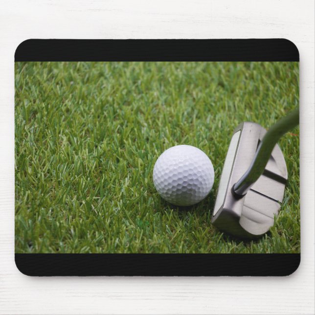 Golf ball with putter on green grass golf mouse mat (Front)