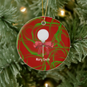 Golf Ball with red ribbon  Ceramic Tree Decoration