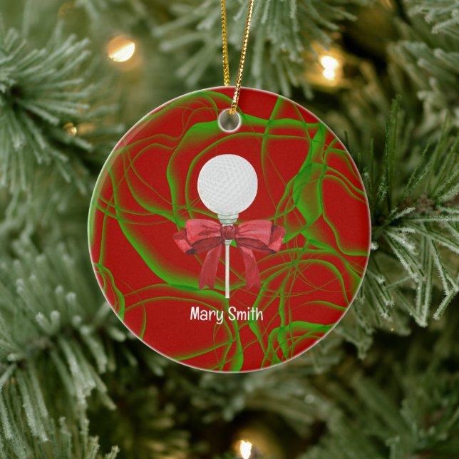 Golf Ball with red ribbon  Ceramic Tree Decoration (Tree)