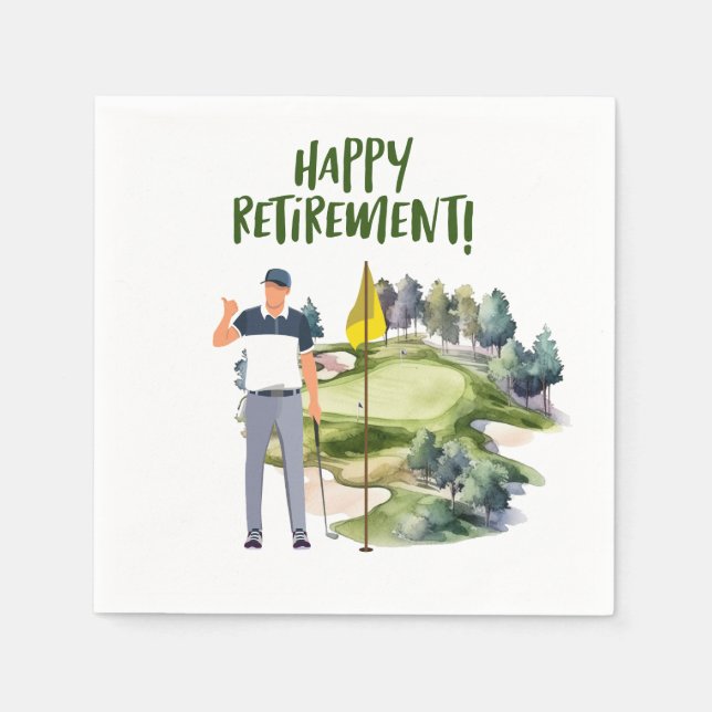 Golf ball with tee for golfer retirement party napkin (Front)