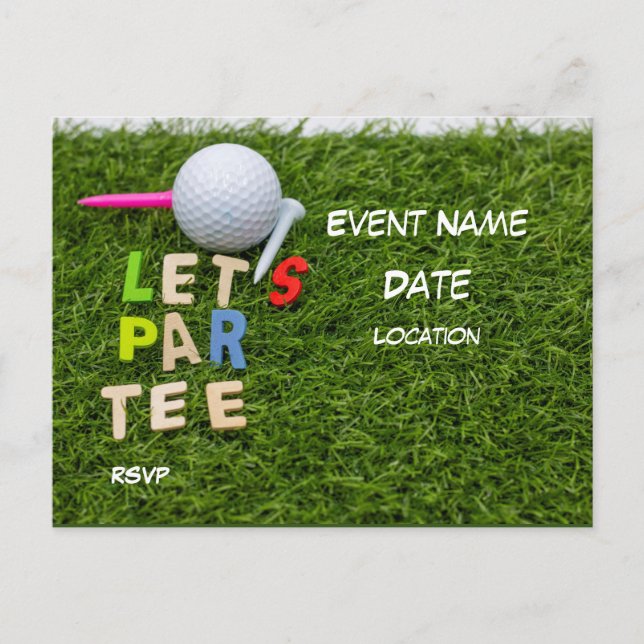 Golf ball with tee Let Par tee party on green Postcard (Front)
