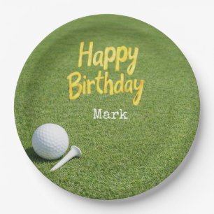 Golf ball with tee on green grass golfer birthday paper plate