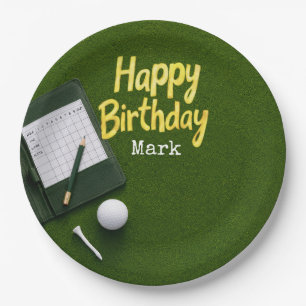 Golf ball with tee on green grass golfer birthday paper plate