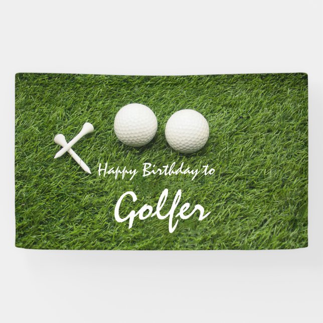 Golf ball with tee on green Happy Birthday Banner (Horizontal)