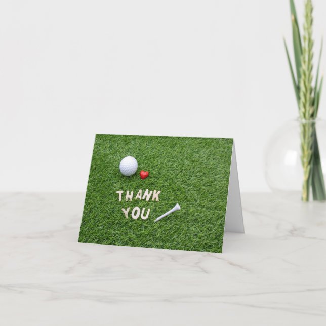 Golf ball with Thank you with love & tee on green Note Card (Front)